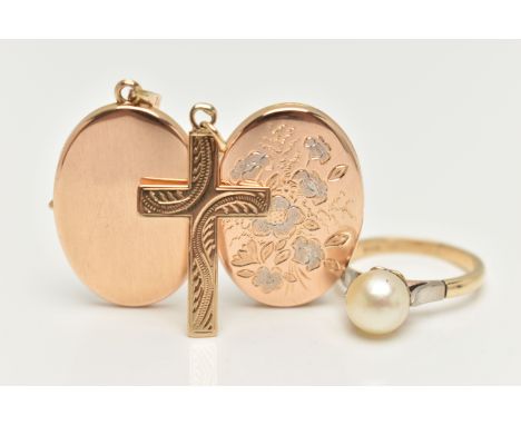 A LOCKET PENDANT, CROSS PENDANT AND RING, oval floral detailed locket, opens to reveal two photo compartments, fitted with a 