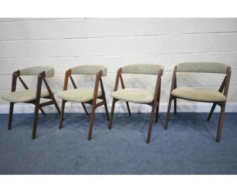 A SET OF FOUR MID-CENTURY THOMAS HARLEV FOR FARSTRUP MOBLER DINING CHAIRS, model 205, with green fabric seat and back, width 