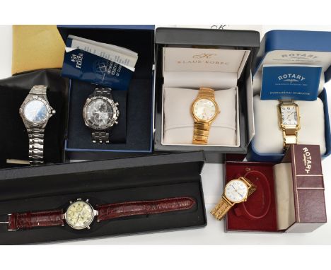 SIX WIRSTWATCHES, to include a boxed 'Rotary' quartz 2170, fitted with a bracelet and folding clasp, a boxed 'Rotary Elite' q