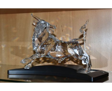 A CASED SWAROVSKI CRYSTAL LIMITED EDITION CLEAR BULL SCULPTURE, numbered 5906/10000 to underside, the bull stands on three fe