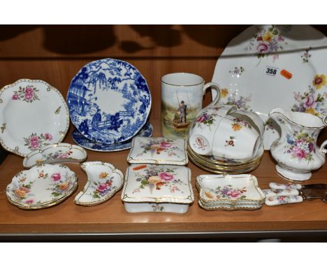 A GROUP OF ROYAL CROWN DERBY TEA AND GIFTWARES AND A HAMMERSLEY JUG, including 'The Angler' tankard, printed and tinted desig