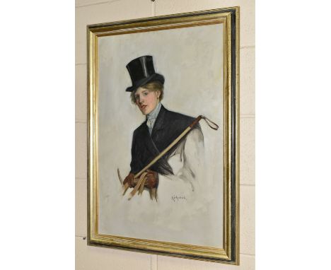 KIRKPATRICK (BRITISH 20TH CENTURY) Portrait sketch of a lady in black riding habit holding the crop across her body and reins