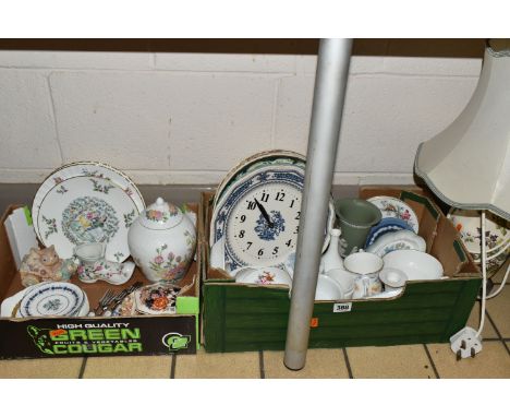 TWO BOXES OF CERAMICS AND A TABLE LAMP, to include a Coalport 'Revelry' pattern trinket dish and a set of six cake forks, two