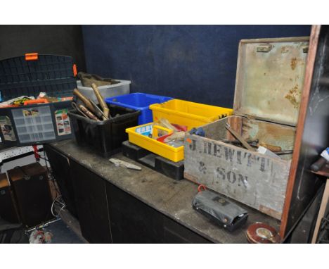 TWO TOOLBOXES, THREE PLASTIC BOXES AND A WOODEN BOX CONTAINING TOOLS including an AVO MultiMinor, mole grips, pliers, hammers