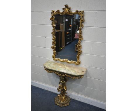 A LATE 20TH CENTURY ITALIAN GILT TWO PIECE CONSOLE AND MIRROR SET, the rectangular mirror with foliate frame, 60cm x 100cm, t