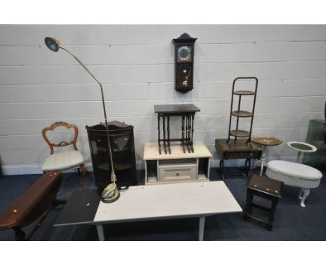 A SELECTION OF OCCASIONAL FURNITURE, to include an oak folding cake stand, cream tv stand, painted Nathan drop leaf coffee ta