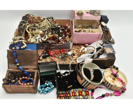 A BOX OF COSTUME JEWELLERY, to include necklaces, bracelets, earrings, brooches, watches, including a cased Rotary wristwatch