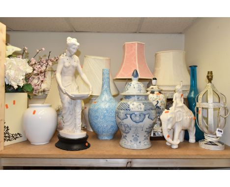 A QUANTITY OF TALL VASES, ORNAMENTS AND TABLE LAMPS, comprising seven table lamps, faux flowers, four vases, a turquoise geni