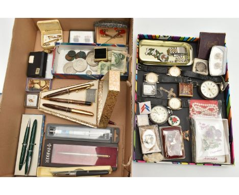 A BOX OF ASSORTED ITEMS, to include a silver key wound, open face pocket watch, hallmarked Birmingham, approximate gross weig