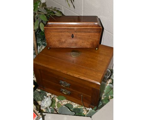 A REGENCY ROSEWOOD SARCOPHAGUS SHAPED TEA CADDY AND AN EARLY 20TH CENTURY OAK EMPTY WALKER &amp; HALL CUTLERY CANTEEN, the te