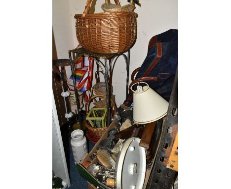 TWO BOXES AND LOOSE CERAMICS, METAL WARES, SUNDRIES AND DECORATIVE HOMEWARES, to include a West German Scheurich vase with st