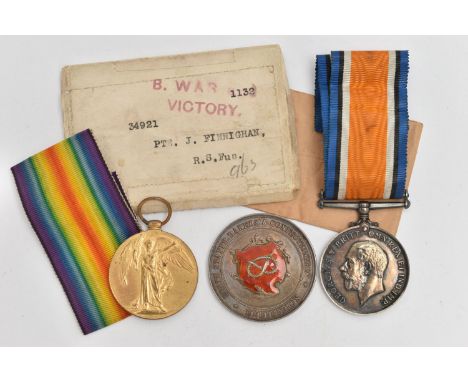 TWO WORLD WAR ONE MEDALS AND A SILVER MEDALLION, to include a WWI medal fitted with a ribbon, assigned to '34921 PTE J.FINNIG