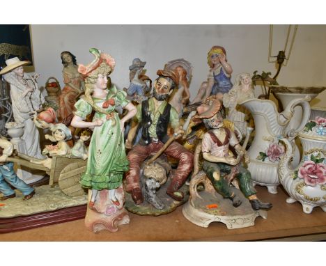 A LARGE QUANTITY OF CAPODIMONTE FIGURES AND SIMILAR, comprising vases, figural groups, figural table lamp, etc. (s.d) (Qty)