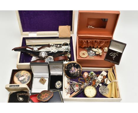 A BOX OF ASSORTED ITEMS, to include a white metal, key wound, open face pocket watch, white dial, Roman numerals, subsidiary 