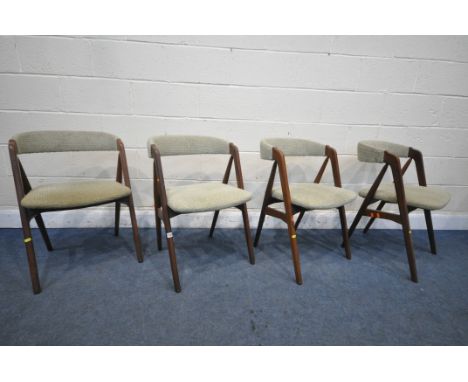 A SET OF FOUR MID-CENTURY THOMAS HARLEV FOR FARSTRUP MOBLER DINING CHAIRS, model 205, with green fabric seat and back, width 