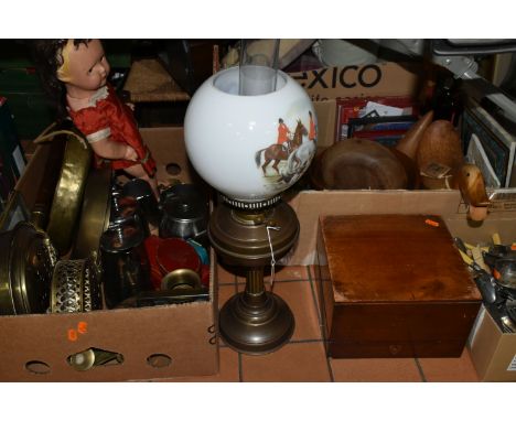 THREE BOXES OF METALWARE AND TREEN, to include stainless steel tea ware, brass ornaments, a metal oil lamp with an opaque glo