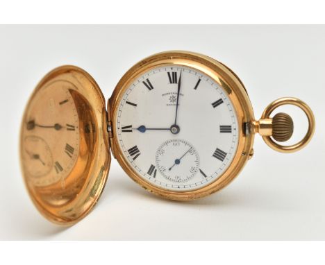 AN EARLY 20TH CENTURY, 18CT GOLD 'ROTHERHAMS' FULL HUNTER POCKET WATCH, manual wind, round white dial signed 'Rotherhams, Lon