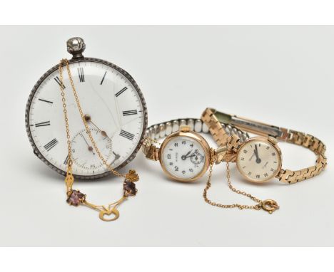 TWO LADYS WRISTWATCHES, A NECKLACE AND AN OPEN FACE POCKET WATCH, to include a 9ct gold 'Hirco' manual wind watch, hallmarked