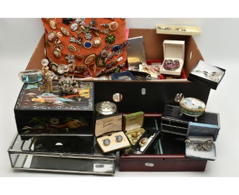 A BOX OF COSTUME JEWELLERY, to include an orange cushion pinned with various brooches, together with costume necklaces, brooc