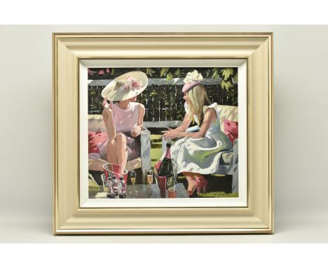 SHERREE VALENTINE DAINES (BRITISH 1959) 'ASCOT ELEGANCE', a signed limited edition print on board, depicting two seated femal
