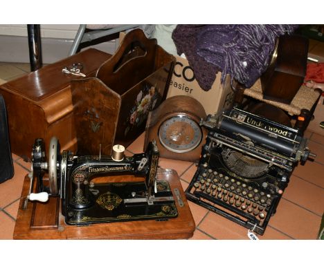 ONE BOX OF HOUSEHOLD SUNDRIES AND TREEN, to include an early 20th century Frister &amp; Rossman sewing machine and an Underwo