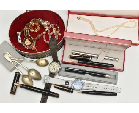 A BOX OF ASSORTED ITEMS, to include a cultured pearl necklace fitted with yellow metal lobster clasp, stamped 375, length 460