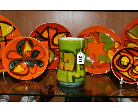 EIGHT PIECES OF 1960s/1970s DELPHIS RANGE POOLE POTTERY, comprising a green vase, height 15cm, two dishes, diameter 27cm, two