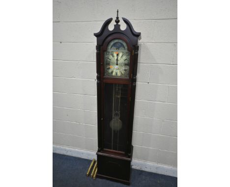 A MAHOGANY CHIMING LONGCASE CLOCK, the brass 9 inch dial with a moonphase movement, roman numerals, three different chimes an