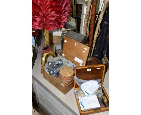 THREE MODERN TABLE LAMPS, TWO BOXES OF TOOL PARTS, A 19TH CENTURY COPPER WARMING PAN AND A COPPER TWIN HANDLED PAN, the warmi