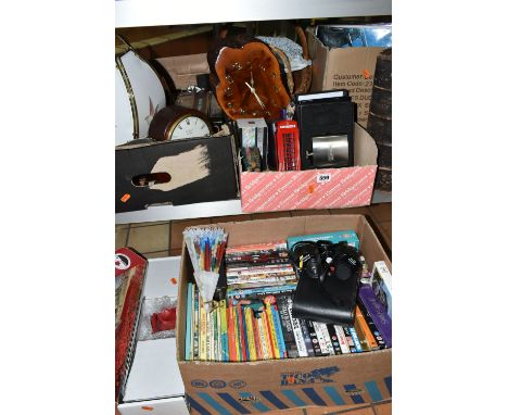 FIVE BOXES AND LOOSE METALWARE, DVDS, CLOCKS, GIFTS, ETC, including a boxed Apple iPhone 4 8GB, model A1332,  late Victorian 