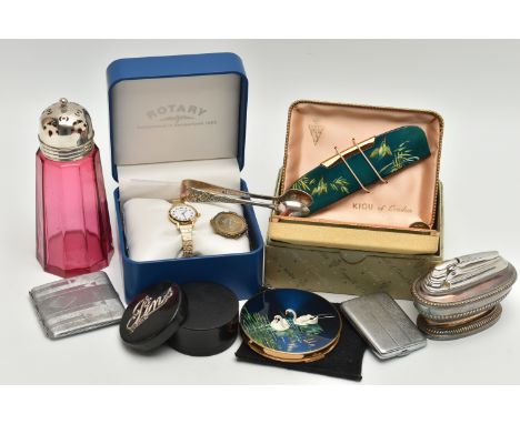 A BOX OF ASSORTED ITEMS, to include a 'Ronson' table lighter, two match stick cases, a 'Stratton' compact decorated with swan