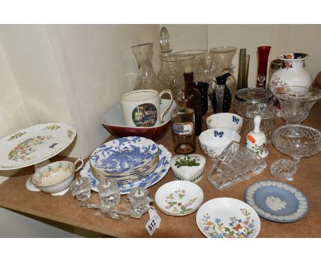 A COLLECTION OF CUT GLASS AND CERAMICS, comprising a Swarovski Crystal three spike candle holder, a Royal Worcester 'Blue Dra