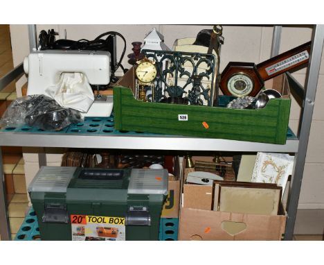 THREE BOXES AND LOOSE SEWING MACHINES, ART MATERIALS, TREEN AND SUNDRY ITEMS, to include a Janome Jem modern sewing machine, 