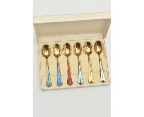 A BOXED SET OF SIX 'DAVID-ANDERSEN' ENAMEL TEASPOONS, gilt spoons each with a different colour guilloche enamel handle, signe