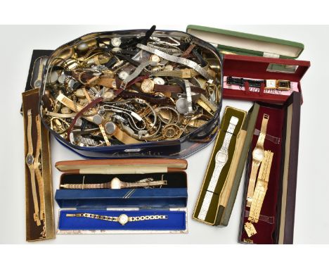 A BISCUIT TIN OF ASSORTED LADYS WRISTWATCHES, names to include 'Accurist, Rotary, Smiths, Seiko' and many more, some gold pla