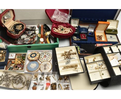 A BOX OF ASSORTED COSTUME JEWELLERY AND BOXES, to include a wooden canteen box containing costume jewellery pieces, a black m