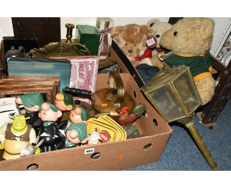 THREE BOXES OF METAL WARES AND SUNDRY ITEMS, to include a brass coaching lamp (top missing), a brass dish in the form of two 