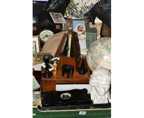 TWO BOXES OF EPHEMERA AND TREEN, to include a Victorian architectural form black slate mantel clock with amber marble decorat