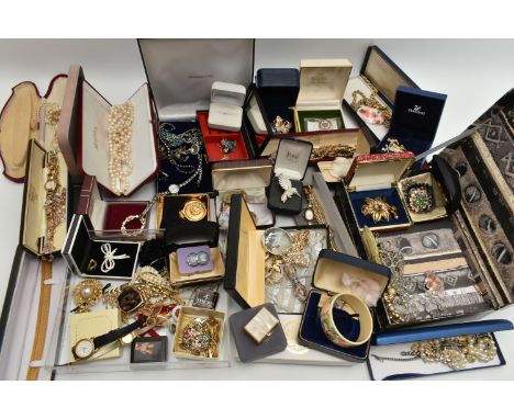 A BOX OF ASSORTED COSTUME JEWELLERY, to include a long single strand 'Majorica' imitation pearl necklace, together with a sig