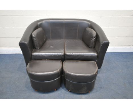 A PCL COLLECTION DARK BROWN LEATHER TUB SOFA, and two footstools (condition report: good)