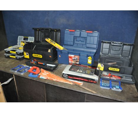 THREE PLASTIC TOOLBOXES AND TOOLS including a 19in and a 16in Stanley toolboxes, three Stanley Sortmaster trays, a Zag toolbo