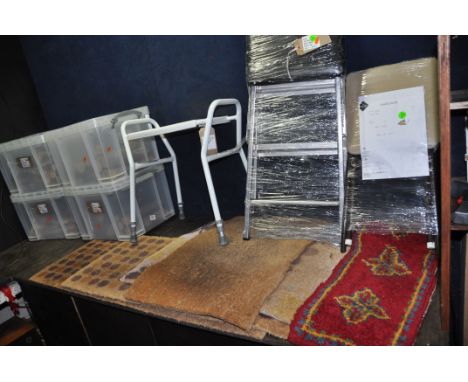 FOUR COURSE DOORMATS (one torn), four plastic boxes containing logs of wood, a step stool, a disability aid and a folding sto