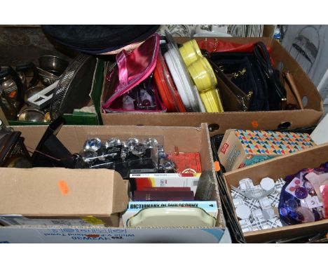 SIX BOXES OF METALWARE AND MISCELLANEOUS SUNDRIES, to include silverplate tea set, candelabra, mantel clock, goblets, serving