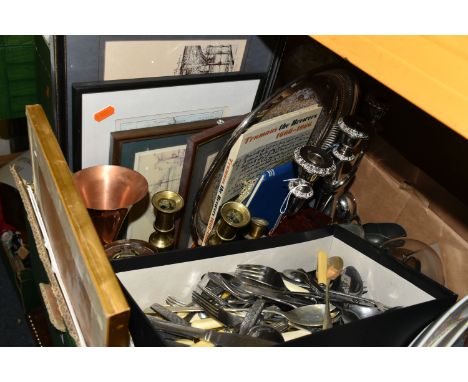 TWO BOXES OF METALWARES, PICTURES AND SUNDRY VINTAGE ITEMS, to include a plated candelabrum and tray, a copper jug, brass nut