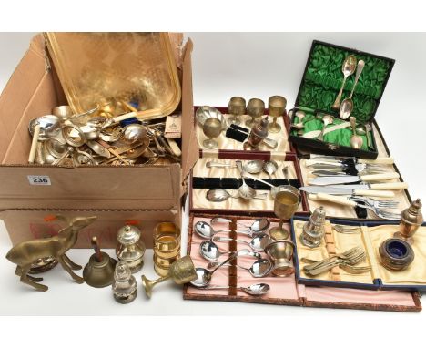 A BOX OF ASSORTED WHITE METAL WARE, to include a tray, small goblets, napkin rings, pepperettes, loose cutlery, boxed sets of