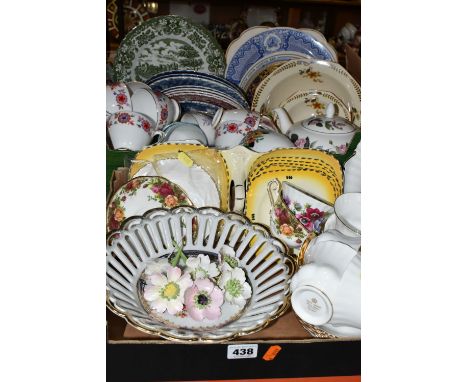 TWO BOXES OF CERAMICS, to include a Wedgwood 'Hathaway Rose' pattern teapot, Royal Albert 'Val D'or' white and gilt six cups,