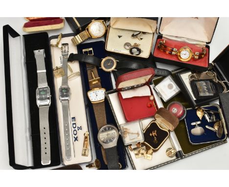 A BOX OF ASSORTED SILVER JEWELLERY AND WATCHES, to include a silver ingot, hallmarked Birmingham, suspended from a white meta