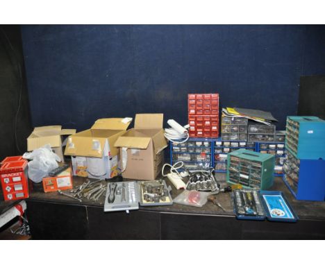 A COLLECTION OF TOOLS AND HARDWARE including a Halfords socket set, a Belmax socket set, various sockets and ratchets by Brit