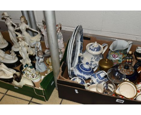 TWO BOXES OF CERAMICS AND ORNAMENTS, to include an Arthur Wood teapot, milk jug and sugar bowl, pattern 4448, four blue and w