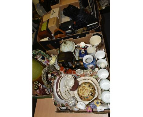 THREE BOXES OF VINTAGE ELECTRICAL ITEMS AND CERAMICS, to include a pair of Staffordshire courting couple figurines, a Staffor